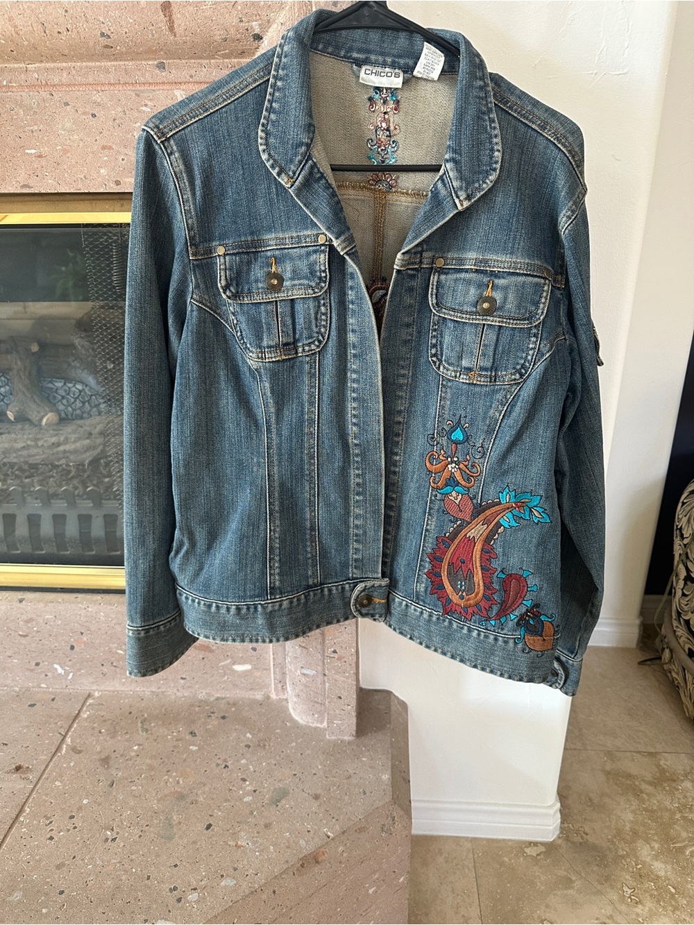 Chico's Women's Blue Denim Jacket with Embroidery